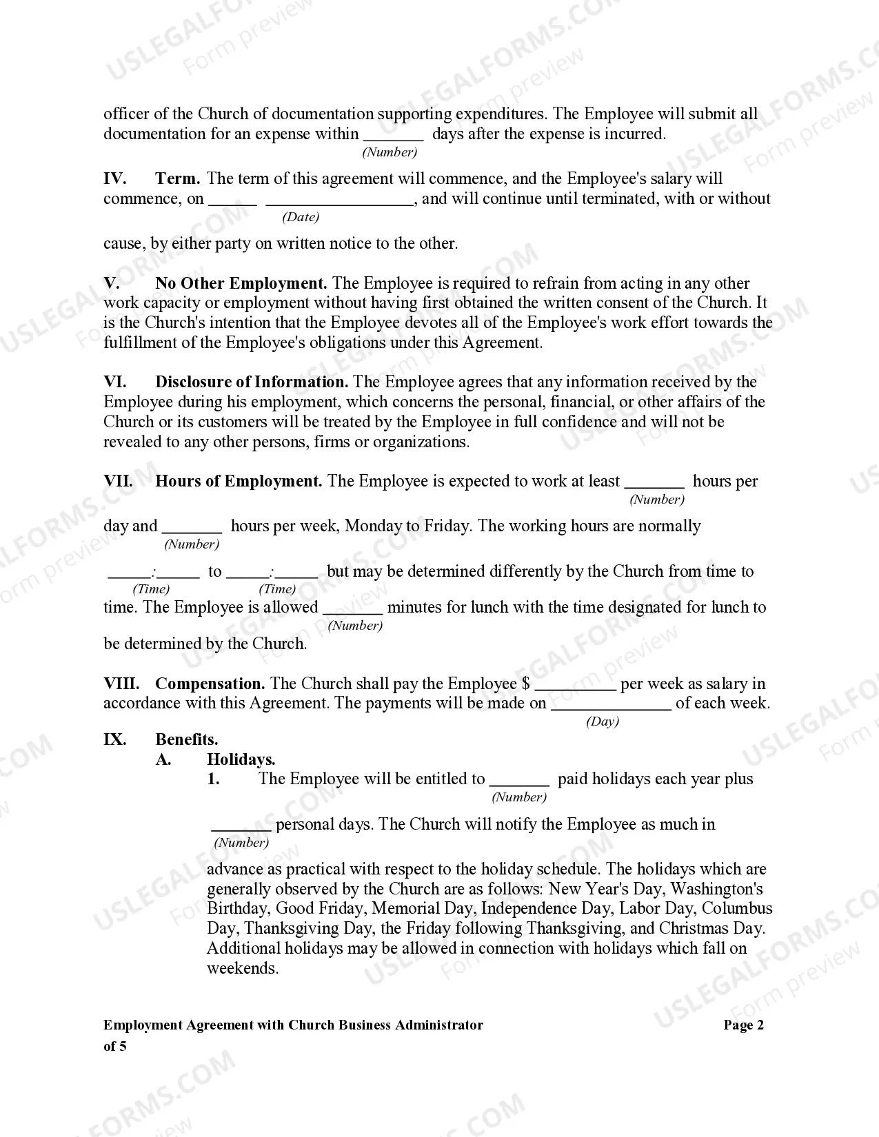 Preview Employment Agreement with Church Business Administrator