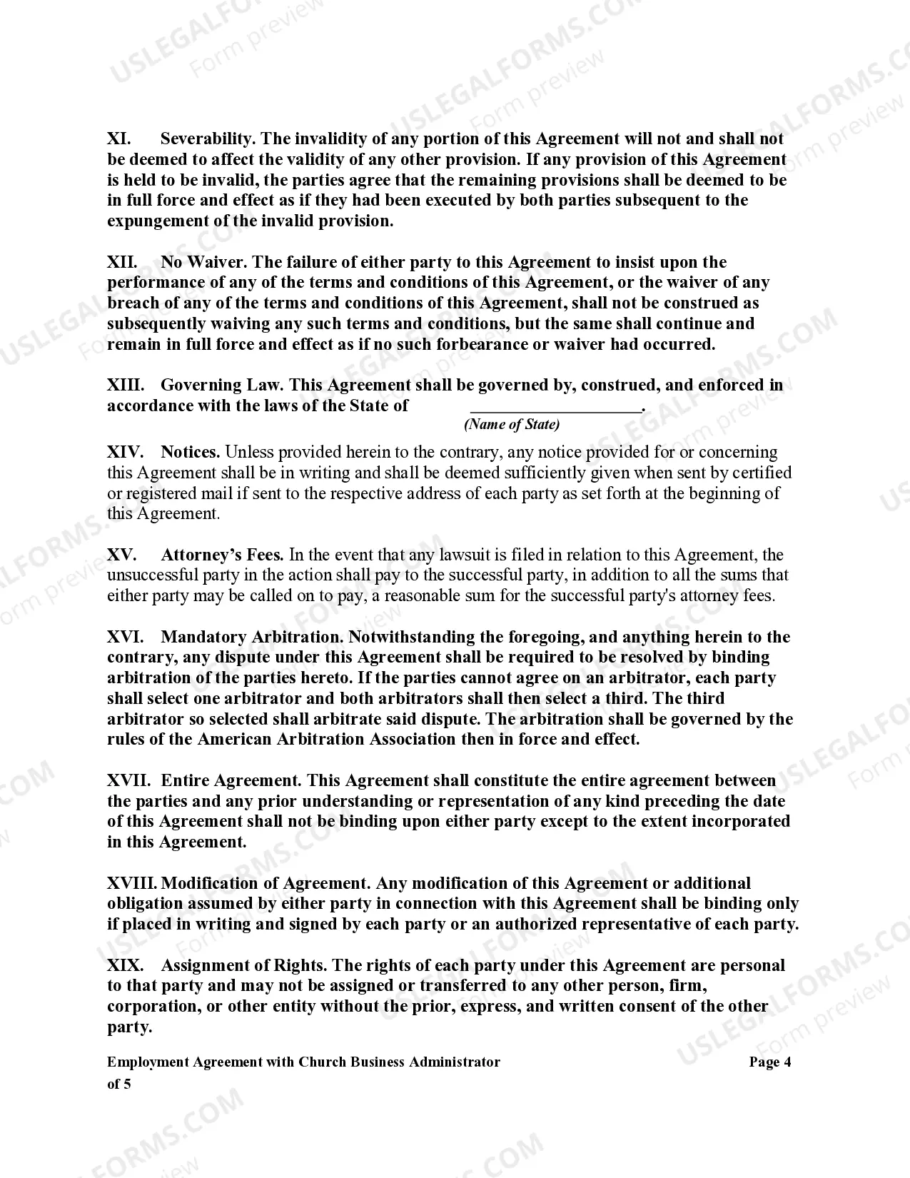 Preview Employment Agreement with Church Business Administrator