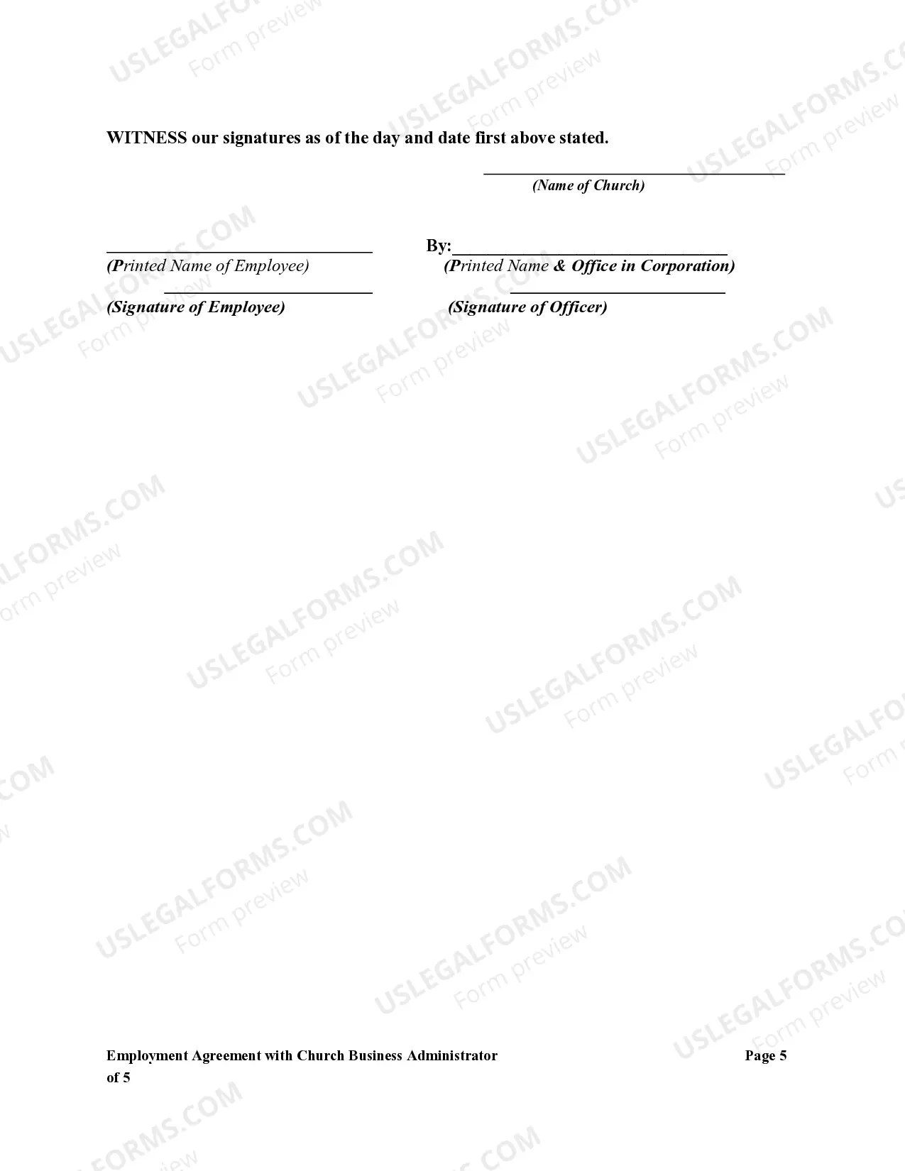 Preview Employment Agreement with Church Business Administrator