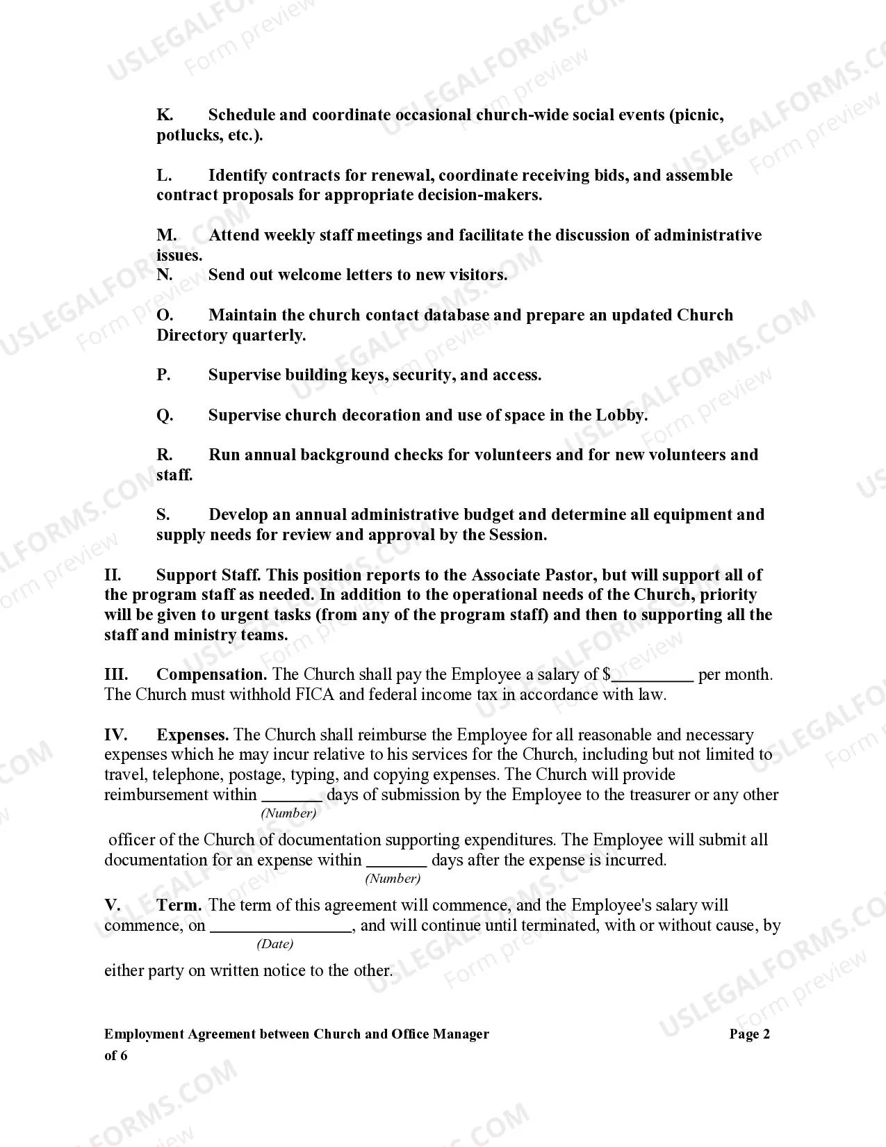 Preview Employment Agreement Between Church and Office Manager