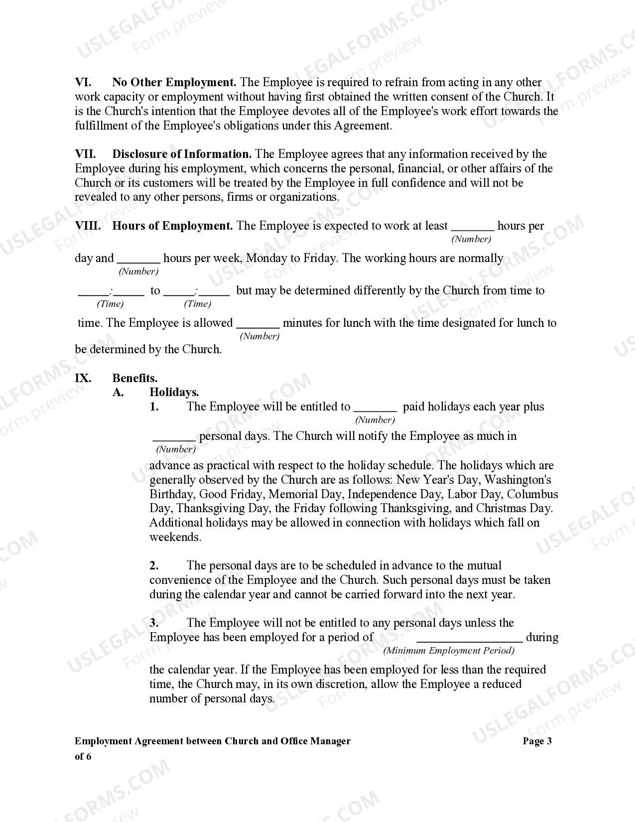 Preview Employment Agreement Between Church and Office Manager