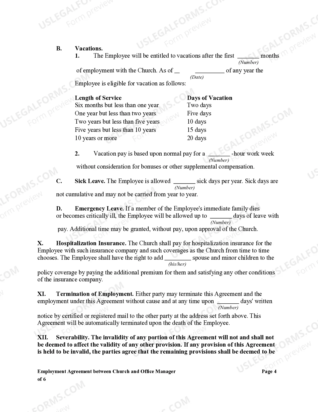 Preview Employment Agreement Between Church and Office Manager
