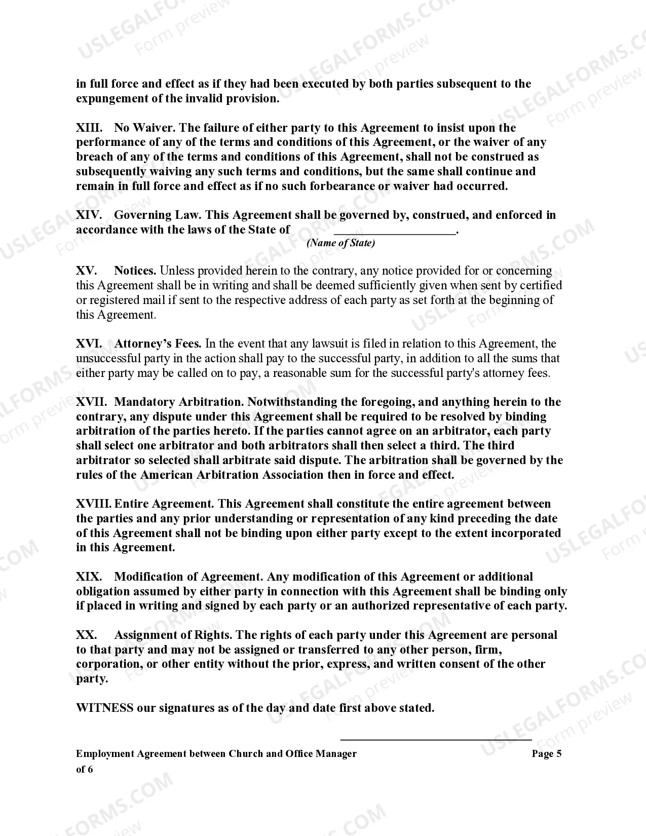 Preview Employment Agreement Between Church and Office Manager