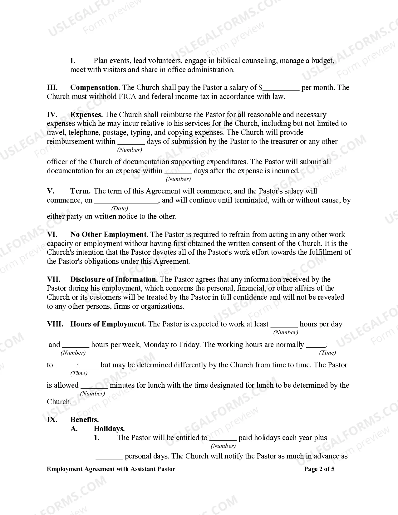 Preview Employment Agreement with Assistant Pastor