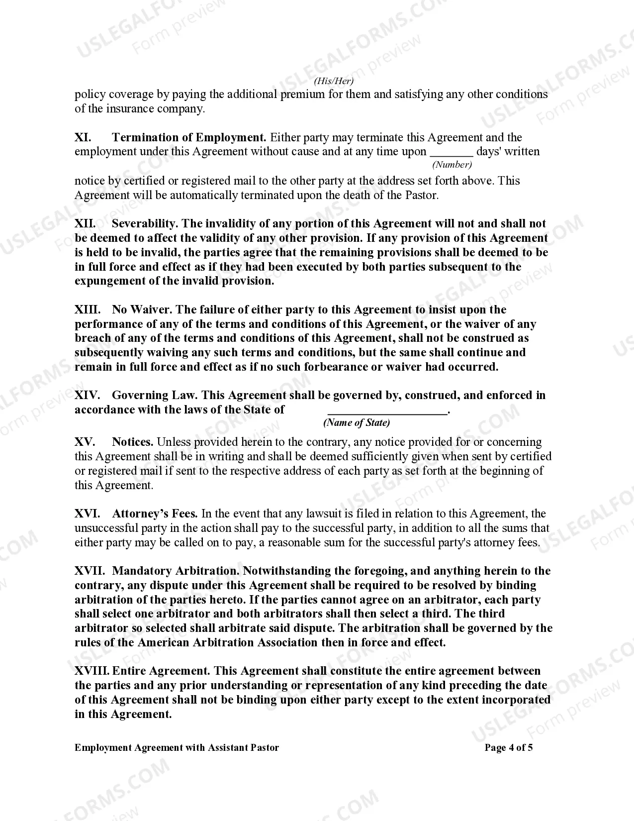 Preview Employment Agreement with Assistant Pastor