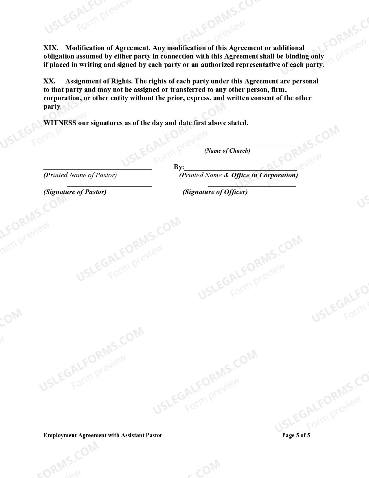 Preview Employment Agreement with Assistant Pastor