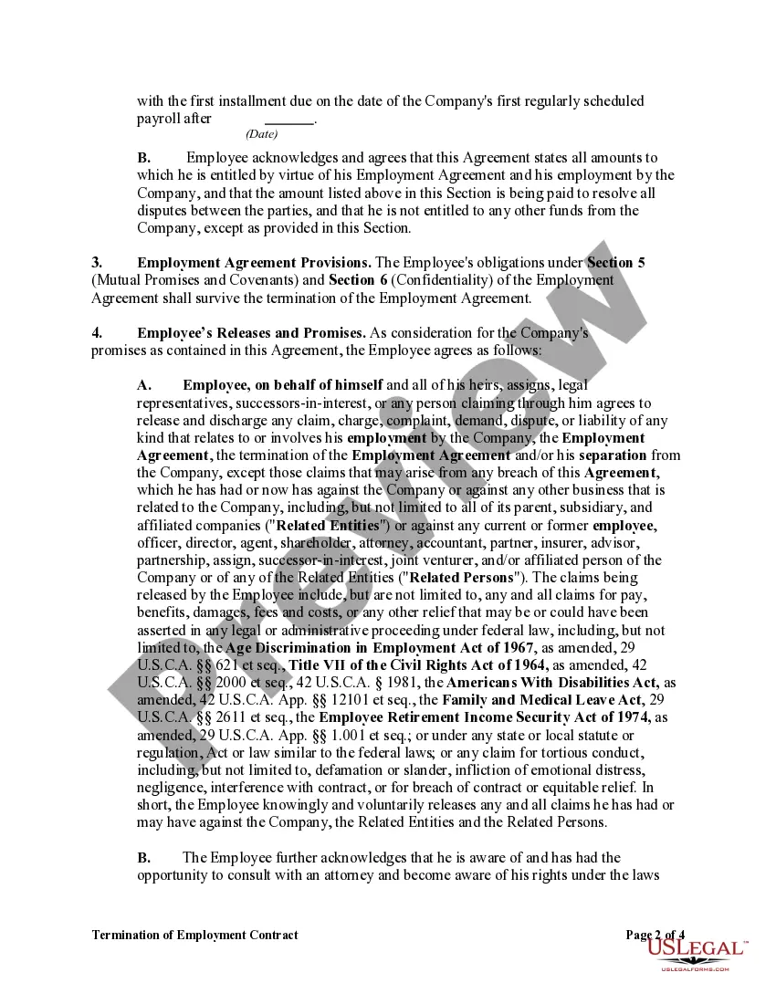 Get Termination of Employment Contract with Release of All Claims Preview Termination of Employment Contract with Release of All Claims
