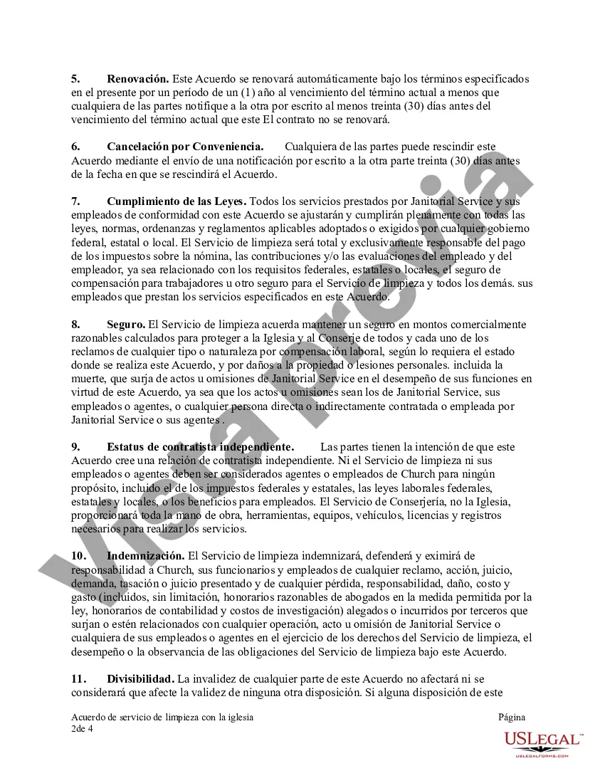 Preview Acuerdo de servicio de limpieza con la iglesia