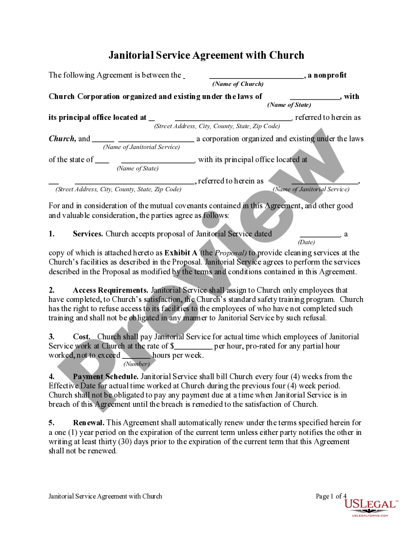 Wisconsin Janitorial Service Agreement with Church Janitorial Service