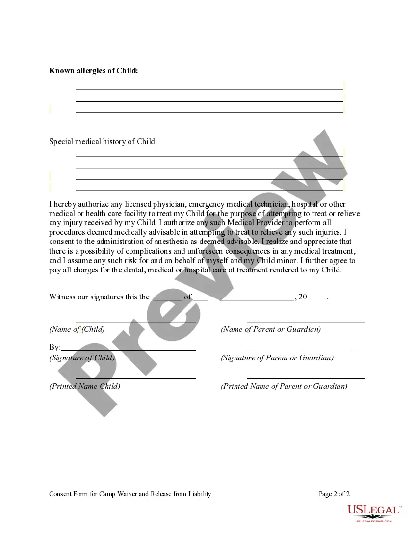 Preview Consent Form for Camp Waiver and Release from Liability