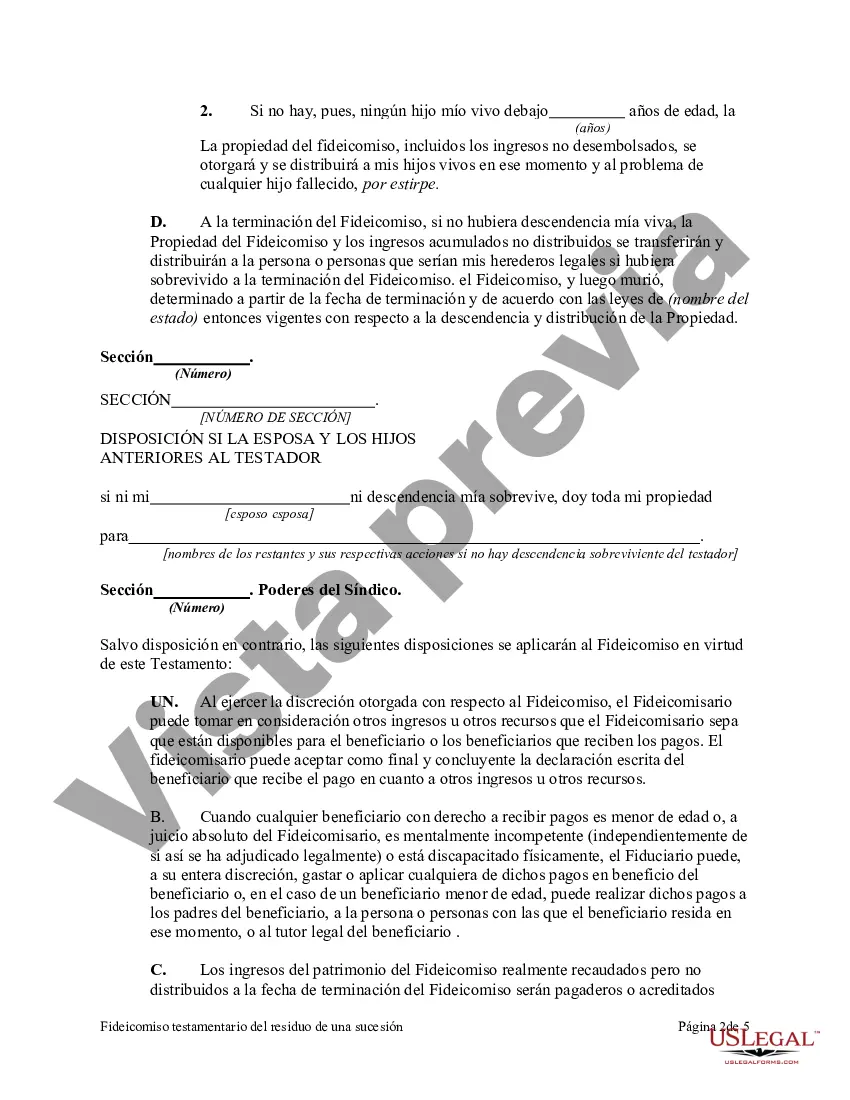 Preview Fideicomiso testamentario del residuo de un patrimonio en beneficio de una esposa con el fideicomiso para continuar en beneficio de los hijos después de la muerte de la esposa