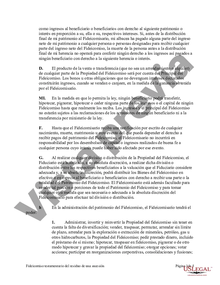 Preview Fideicomiso testamentario del residuo de un patrimonio en beneficio de una esposa con el fideicomiso para continuar en beneficio de los hijos después de la muerte de la esposa