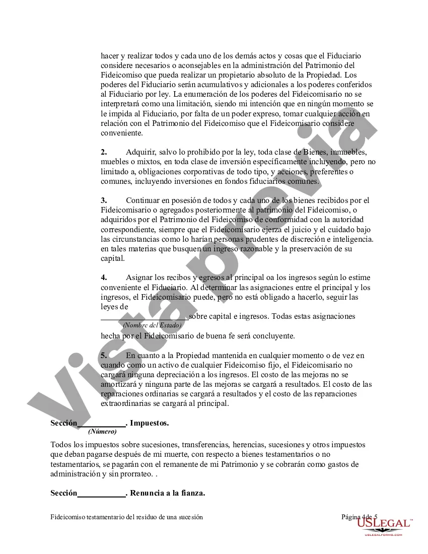 Preview Fideicomiso testamentario del residuo de un patrimonio en beneficio de una esposa con el fideicomiso para continuar en beneficio de los hijos después de la muerte de la esposa