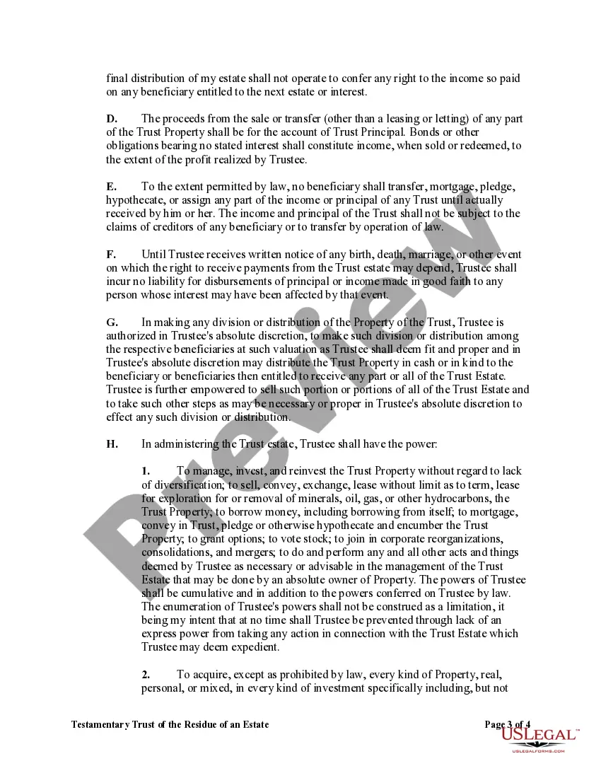 Preview Testamentary Trust of the Residue of an Estate for the Benefit of a Wife with the Trust to Continue for Benefit of Children after the Death of the Wife