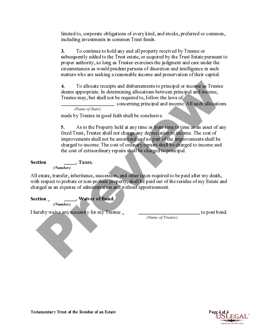 Preview Testamentary Trust of the Residue of an Estate for the Benefit of a Wife with the Trust to Continue for Benefit of Children after the Death of the Wife