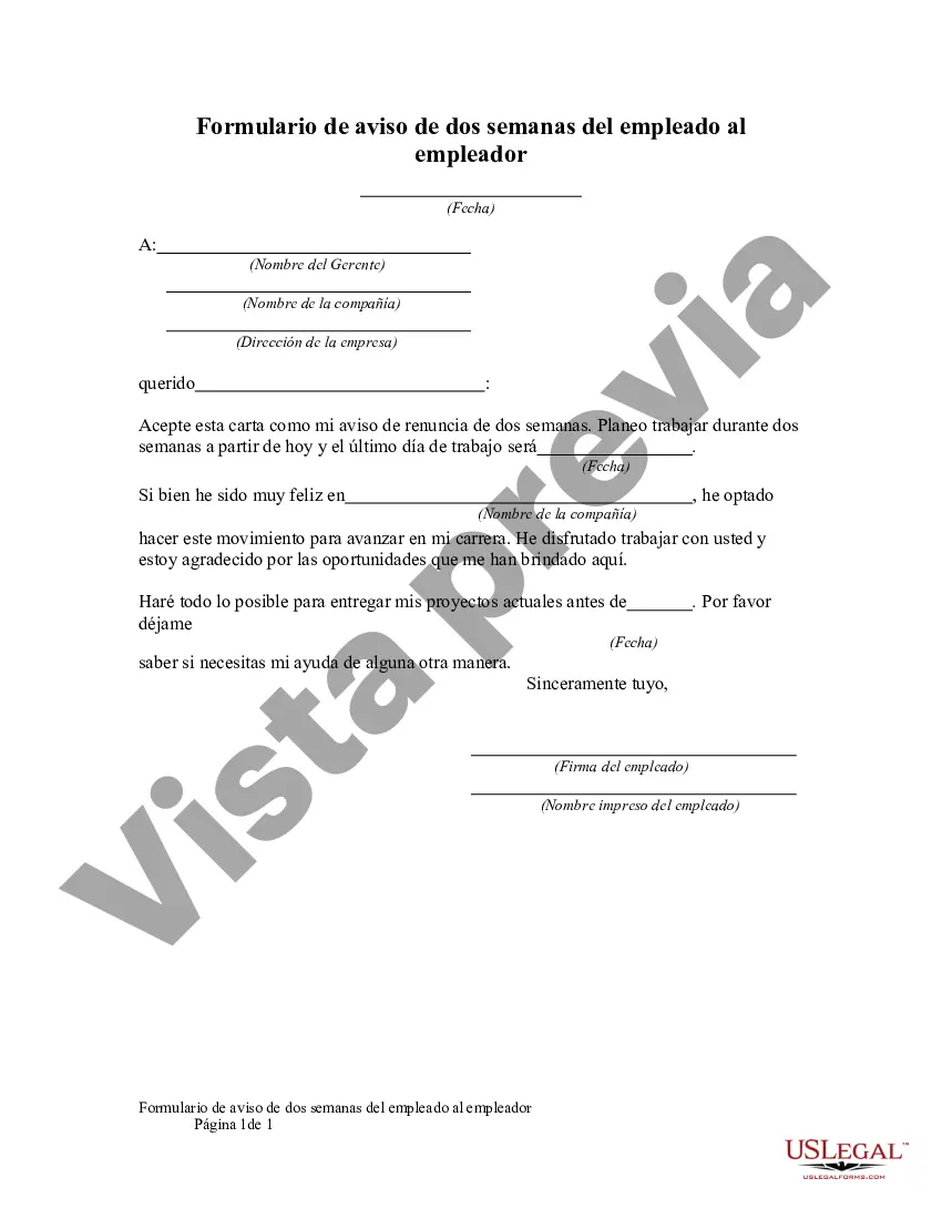 Preview Formulario de notificación de dos semanas del empleado al empleador
