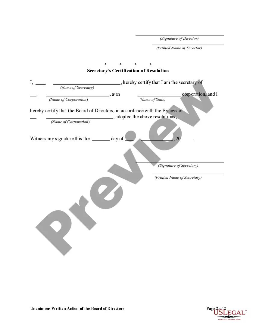 Get Unanimous Written Action of Board of Directors Appointing Officers along with Certification of Secretary Preview Unanimous Written Action of Board of Directors Appointing Officers along with Certification of Secretary