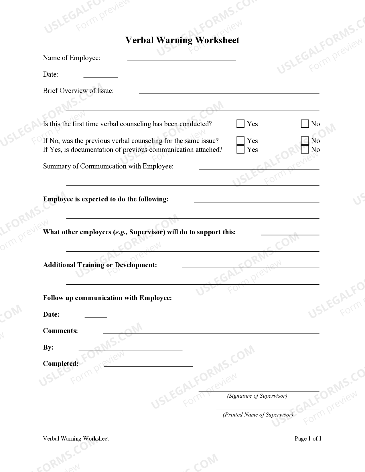 Verbal Warning Worksheet Verbal Warning Worksheet US Legal