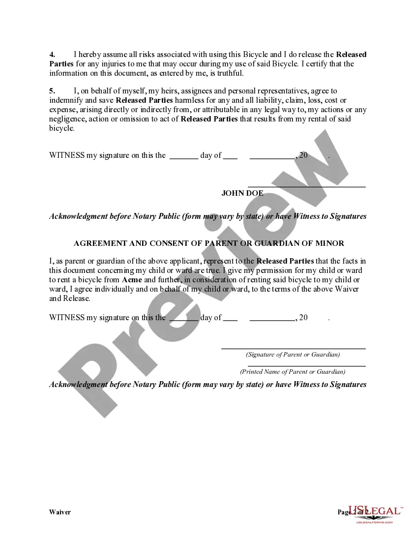 Get Waiver, Assumption of Risk and Release of Claims for Future Accidental Injuries or Death by Individual Applying to Rent a Bicycle Preview Waiver, Assumption of Risk and Release of Claims for Future Accidental Injuries or Death by Individual Applying to Rent a Bicycle
