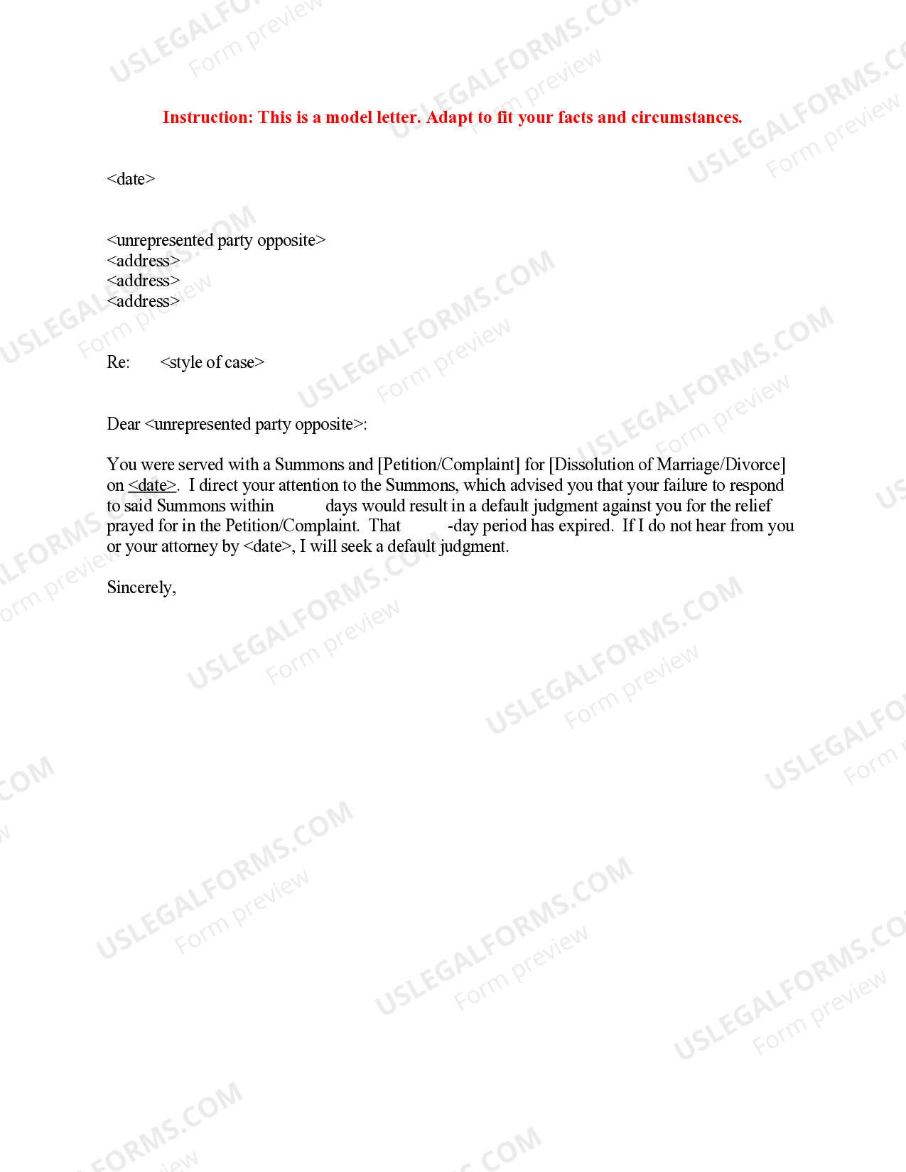 Sample Letter to Unrepresented Party Opposite regarding Respond to