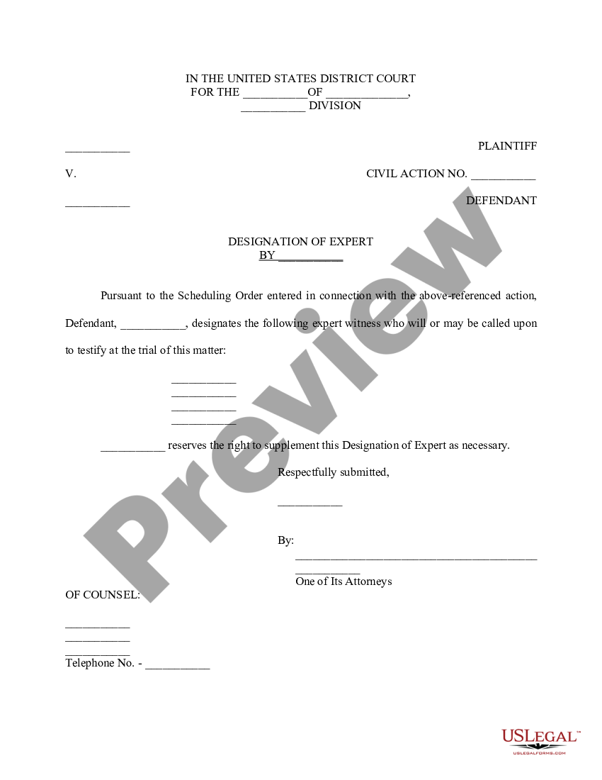 Designation of Expert Designation Of US Legal Forms