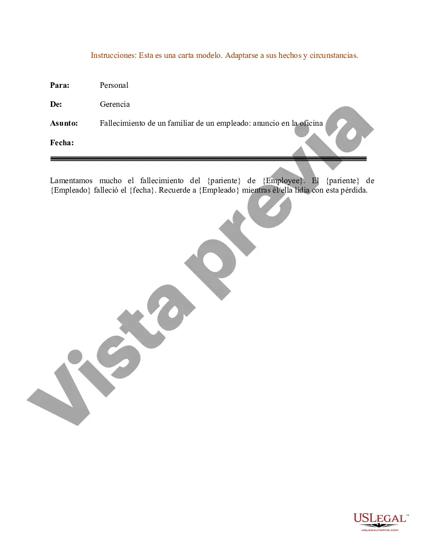Preview Ejemplo de carta por fallecimiento de un familiar de un empleado - Anuncio a la oficina