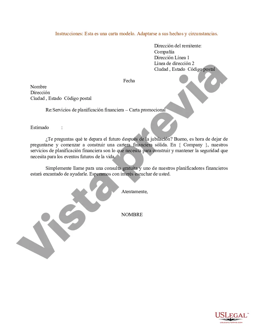 Preview Carta de muestra para carta promocional - Servicios de planificación financiera