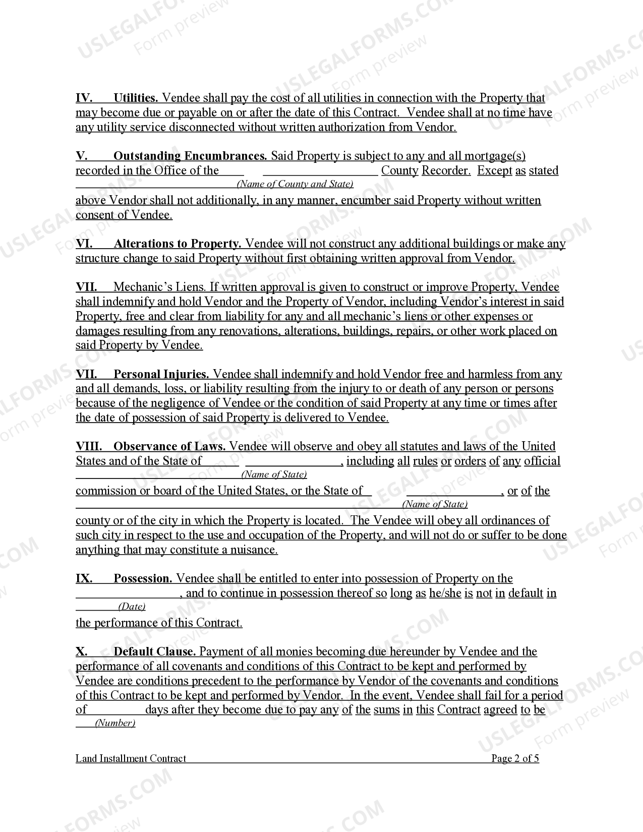 Land Installment Contract Land Form Contract US Legal Forms