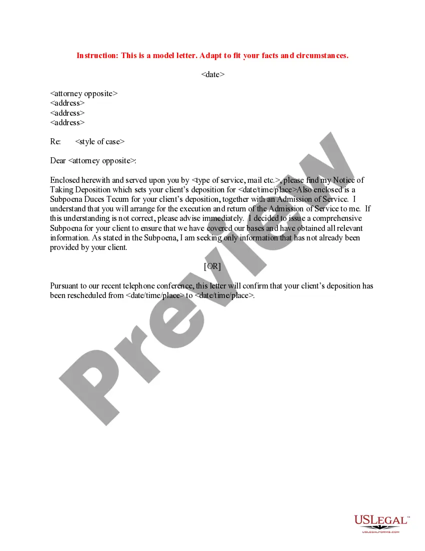 Preview Discovery - Sample Letter to Opposing Counsel regarding Deposition and Subpoena Duces Tecum