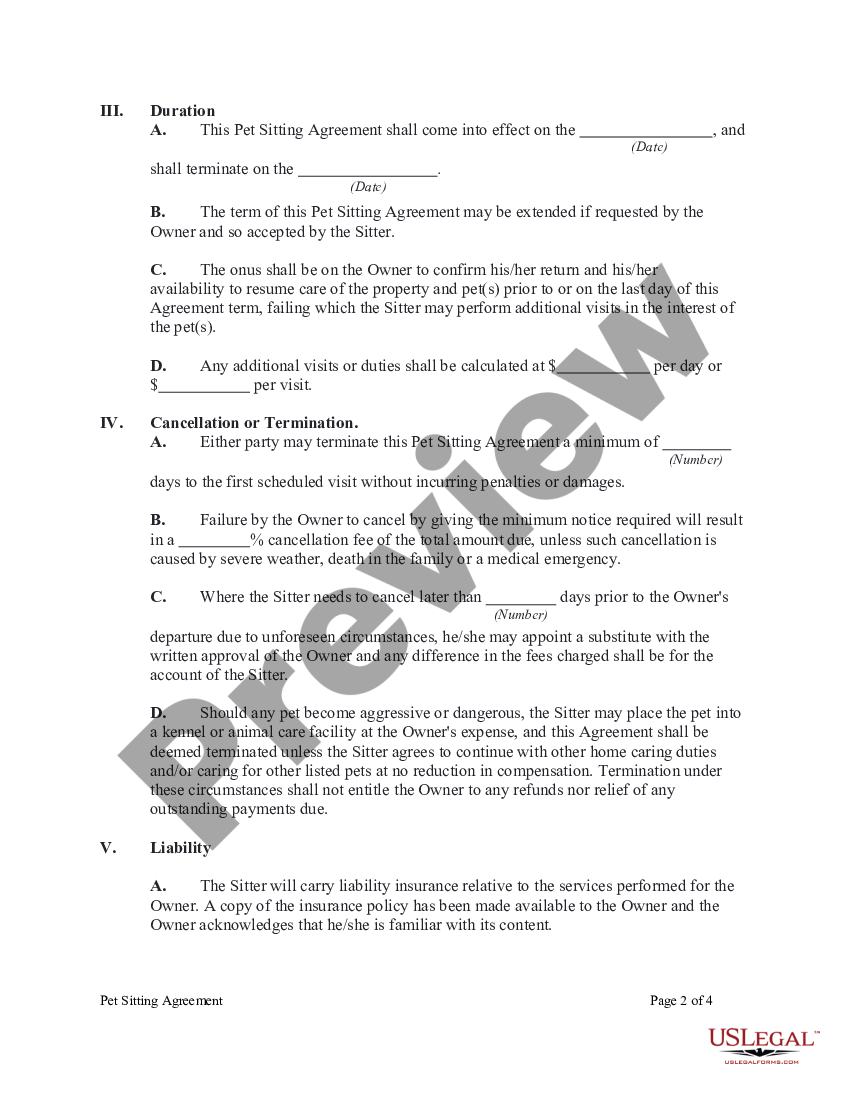 Pet Sitting Agreement Pet Sitting Contract US Legal Forms