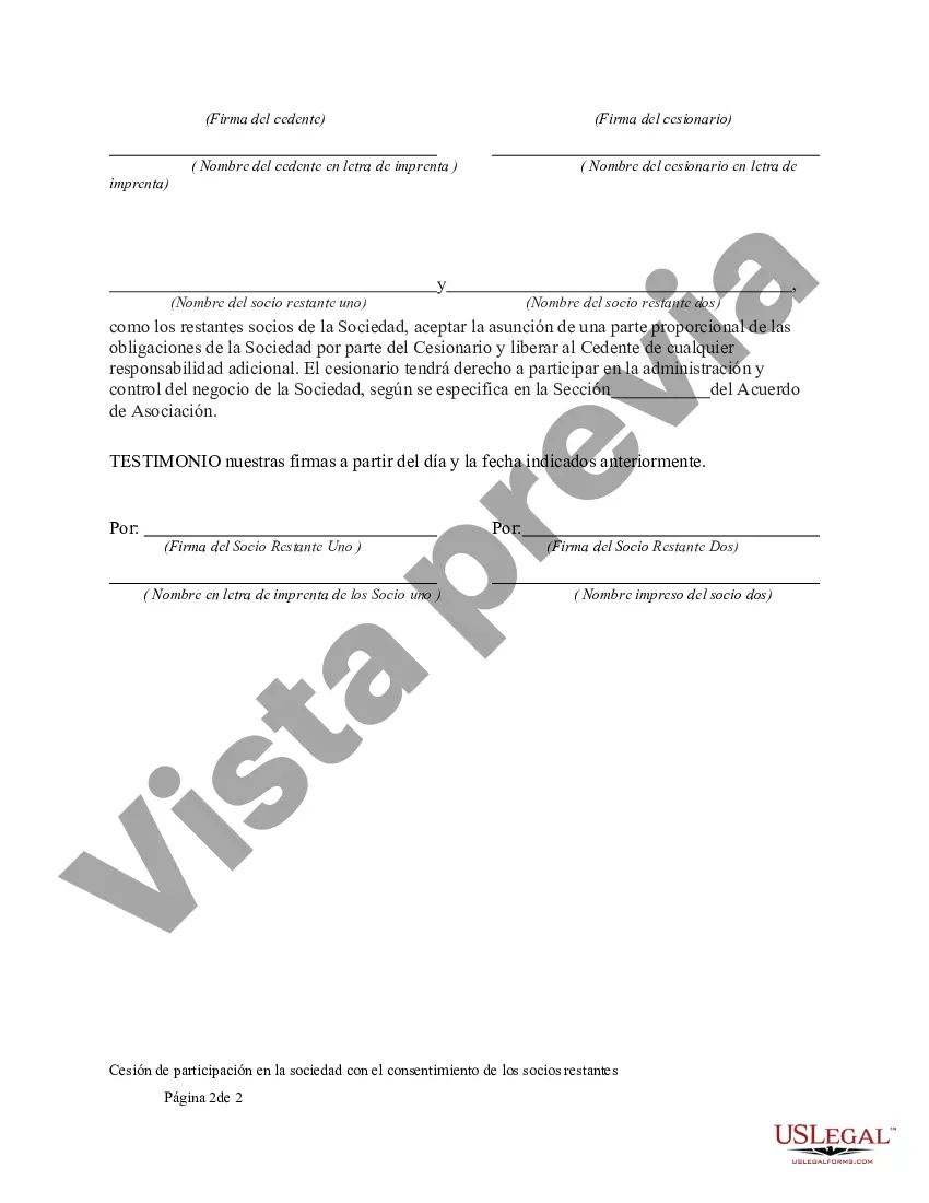 Preview Cesión de participación en la sociedad con el consentimiento de los socios restantes