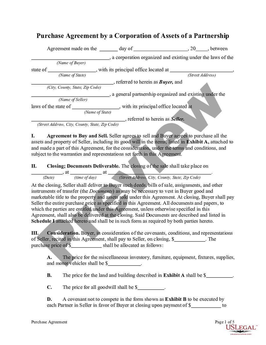 page 0 Purchase Agreement by a Corporation of Assets of a Partnership preview