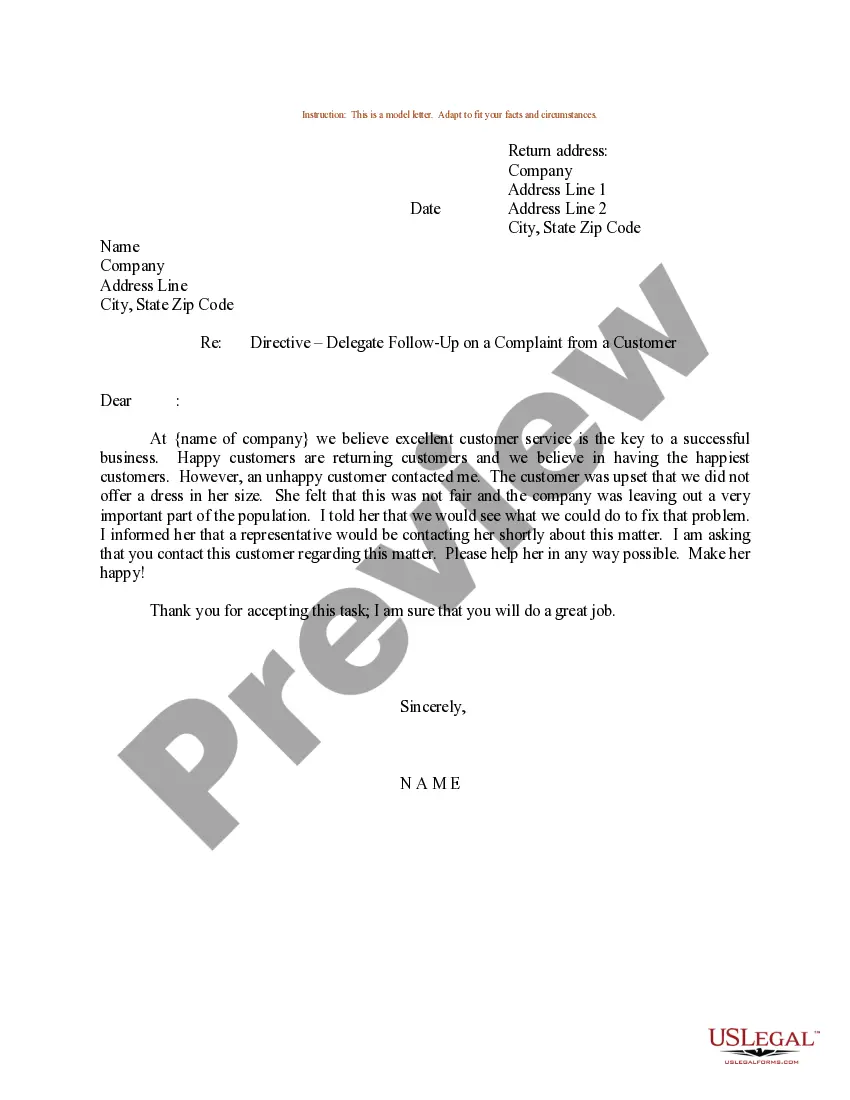 Preview Sample Letter for Directive - Delegate Follow-up on a Complaint from a Customer