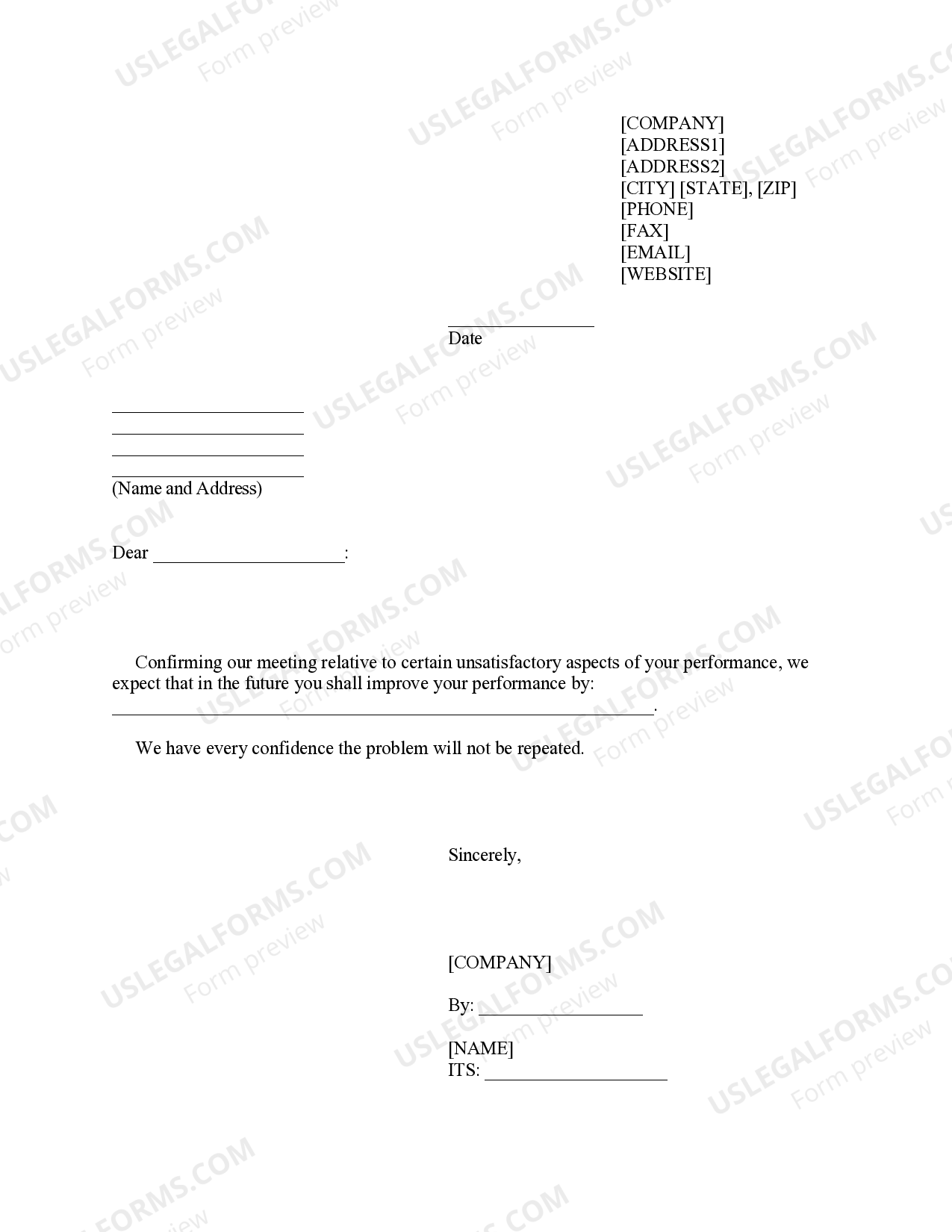 Notice of Unsatisfactory Performance US Legal Forms