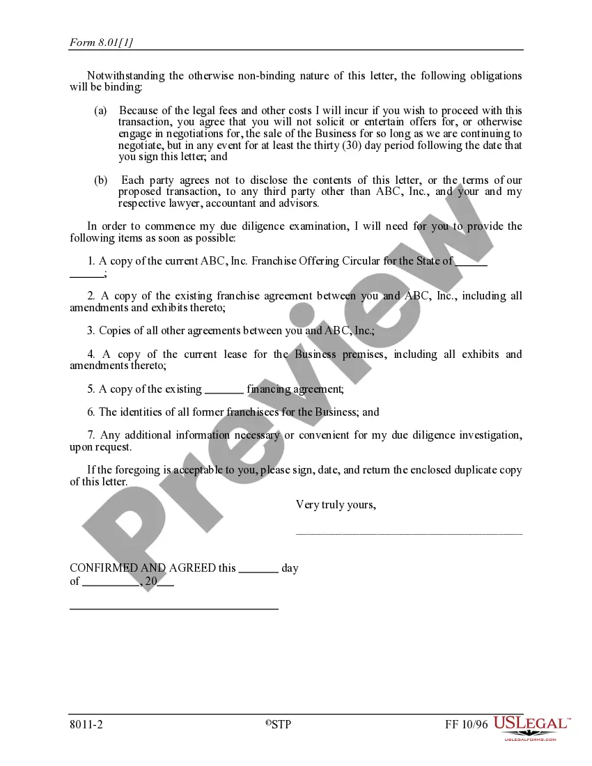 Preview Sample Letter of Intent - Franchise Purchase