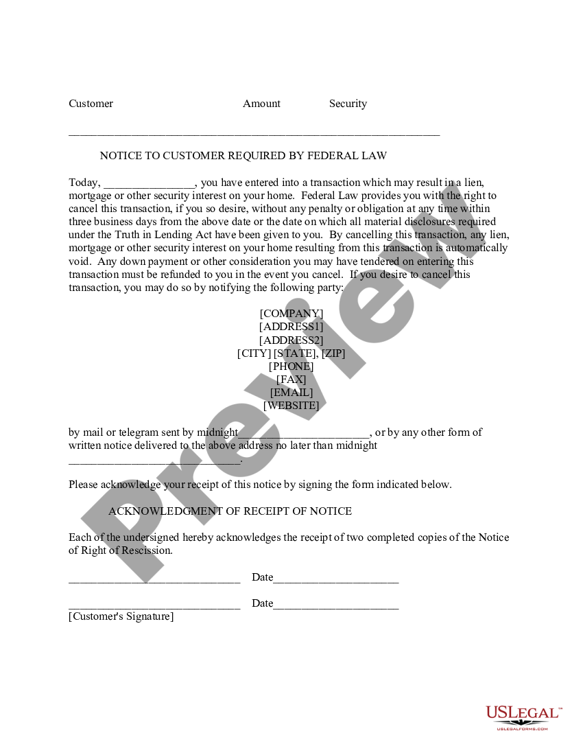 Notice Of Right Of Rescission 1 Us Legal Forms 