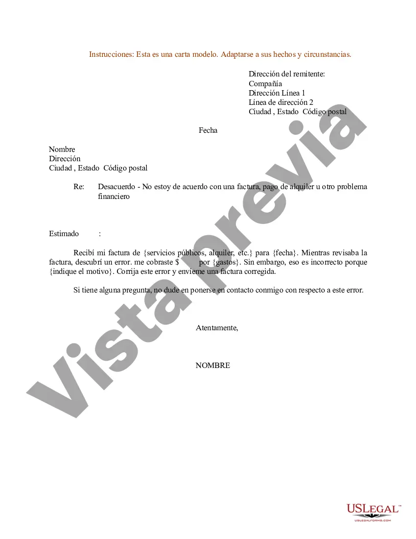 Preview Ejemplo de carta de desacuerdo con una factura, pago de alquiler u otro problema financiero