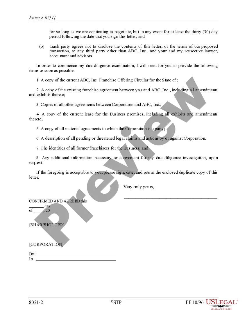 Get Sample Letter of Intent - Franchise Purchase via Stock Purchase Preview Sample Letter of Intent - Franchise Purchase via Stock Purchase