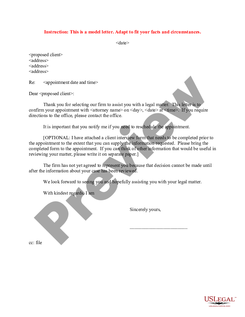 San Jose California Sample Letter To Proposed Client Initial Appointment Date Client Can