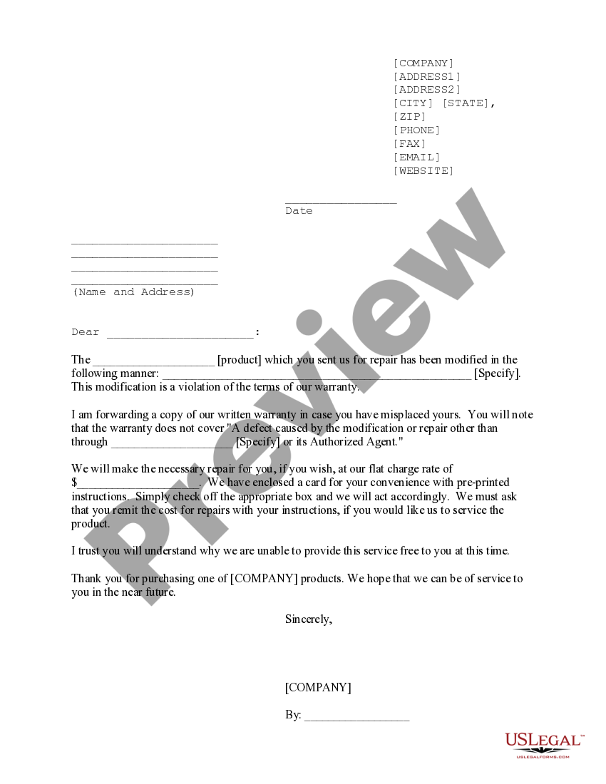 Notice of Violation of Warranty Exclusion US Legal Forms