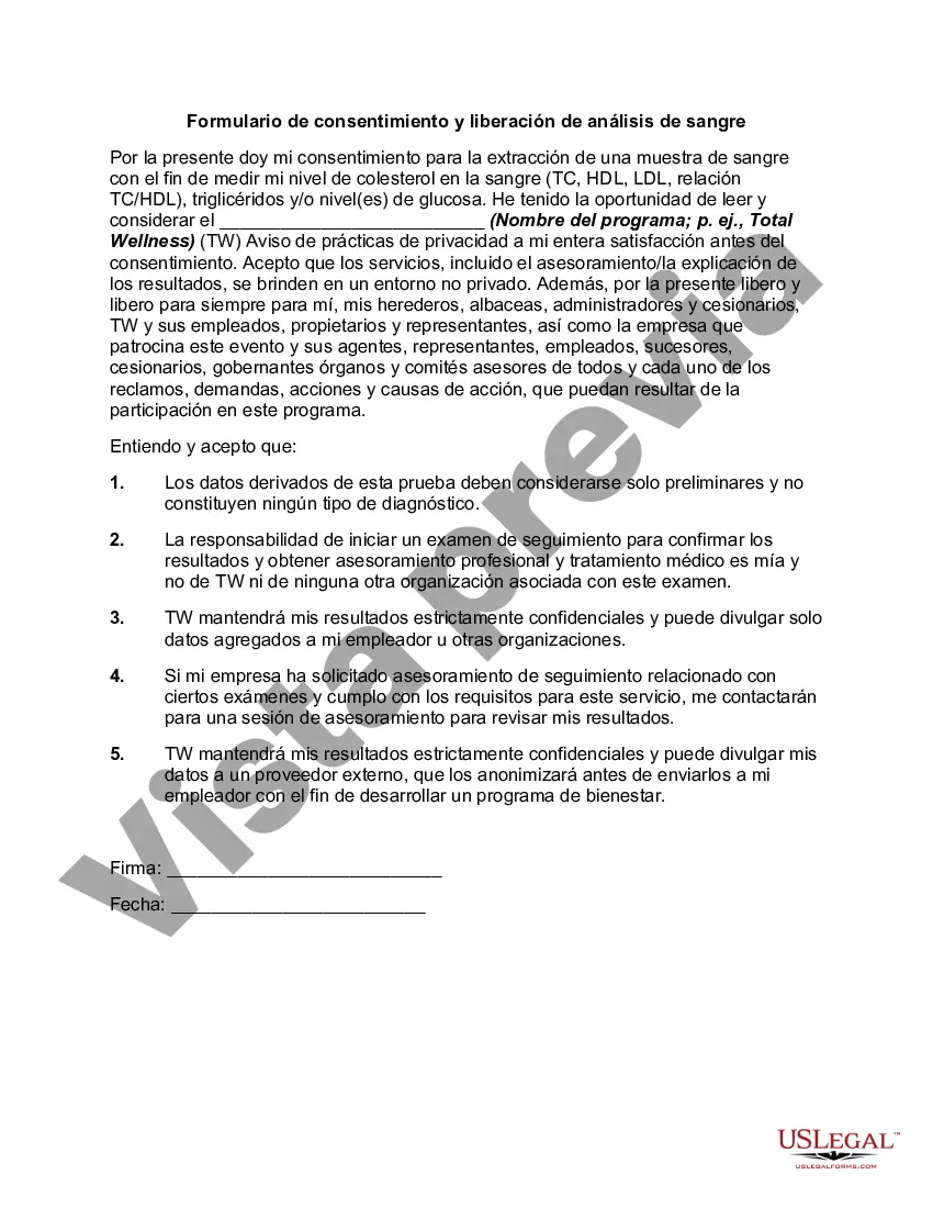 Preview Formulario de consentimiento y liberación de análisis de sangre