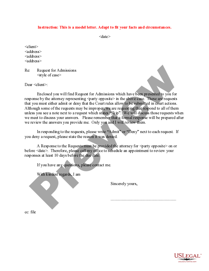 Sample Letter to Client regarding Request for Admissions to Answer