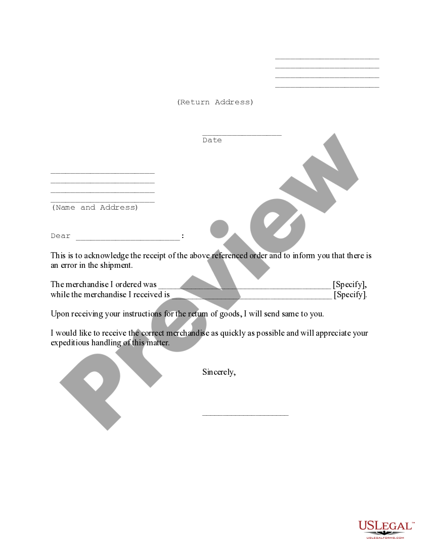 Notice of Error in Shipment and Request for Return Authorization