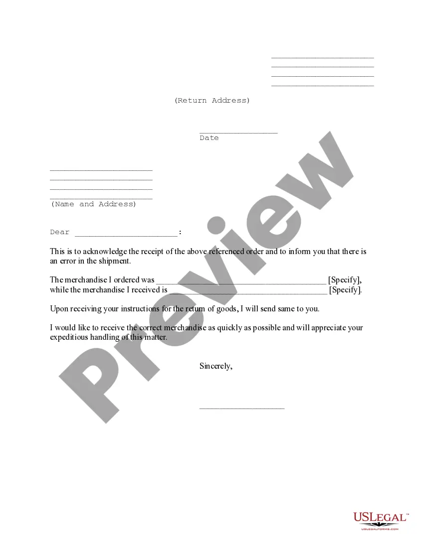 Preview Notice of Error in Shipment and Request for Return Authorization
