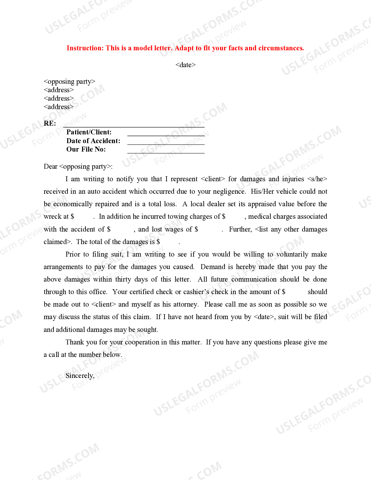 Hillsborough Florida Sample Letter for Automobile Accident Demand for