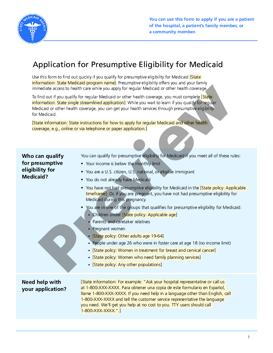 Application For Presumptive Eligibility For Medicaid Us Legal Forms 0416