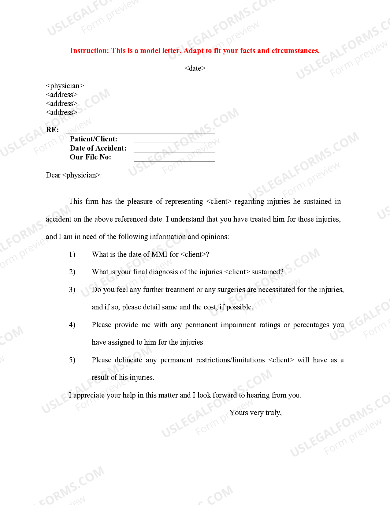 Sample Letter for Client's Injuries and Diagnosis Injuries Personal