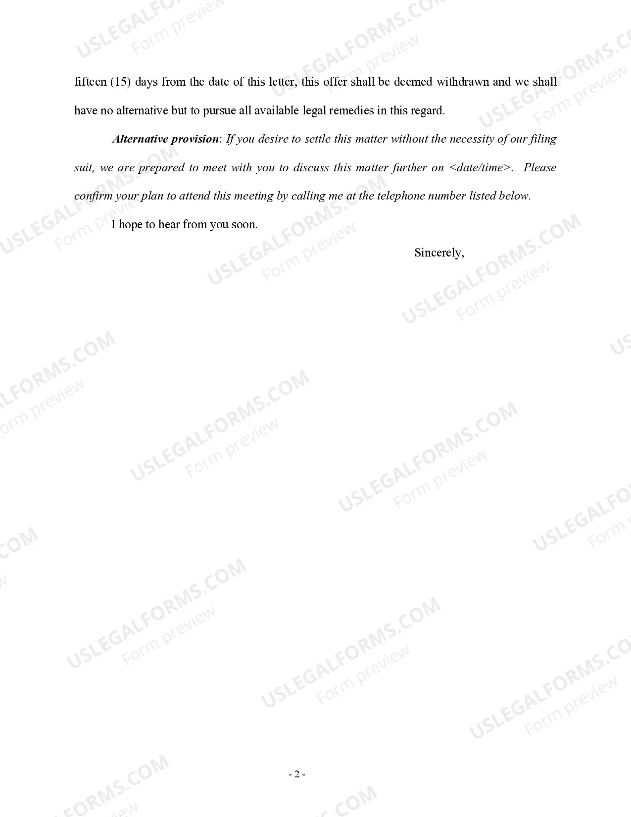 Preview Sample Letter for Notice and Settlement Offer - Personal Injury