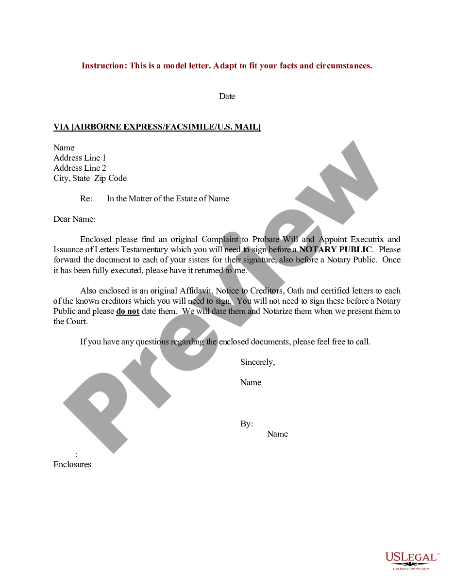 Sample Letter For Complaint To Probate Will And Appoint Executrix And Issuance Of Letters 7989