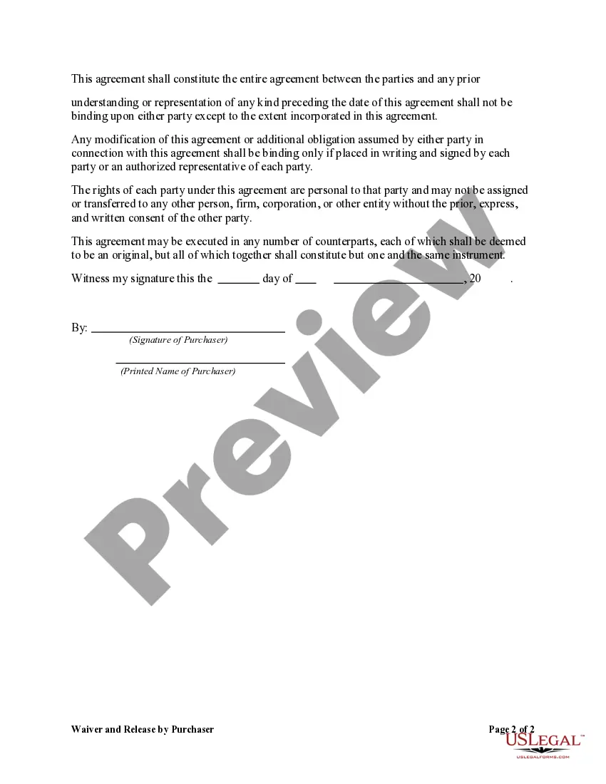 Preview Waiver and Release by Purchaser for Sale and Delivery of Horse